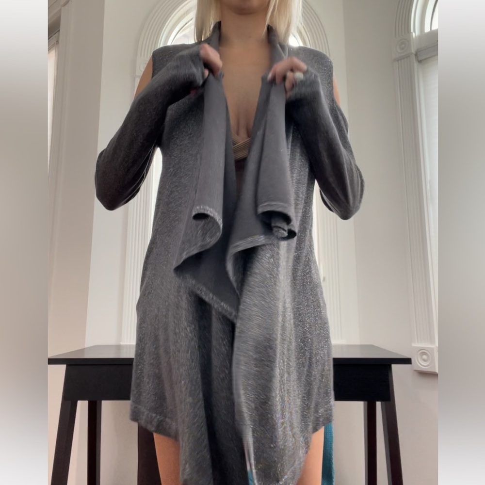 Cache Draped Metallic Cardigan Cold Shoulder